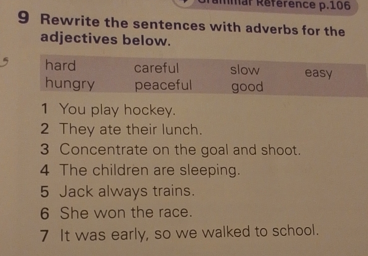 Mmar Référence p.106
9 Rewrite the sentences with adverbs for the
adjectives below.
hard careful slow easy
hungry peaceful good
1 You play hockey.
2 They ate their lunch.
3 Concentrate on the goal and shoot.
4 The children are sleeping.
5 Jack always trains.
6 She won the race.
7 It was early, so we walked to school.