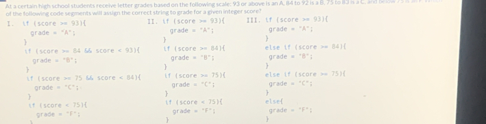 At a certain high school students receive letter grades based on the following scale: 93 or above is an A. 84 to 92 is a B. 75 to 83 is a C. and below 7 5 
of the following code segments will assign the correct string to grade for a given integer score? 
I. f (score =931 II. if(score =93)| III. if (score =93)(
grade =''A''; grade =''A'' grade = ''A'' 
 
if score =8456 score<93) if score =84) else if (score =84)
grade =^circ B°; grade =''B'' grade = "B"; 

if score =75 && score <84) if score =75)( else if (score =751
grade =^circ C°; grade =^11C° grade =^circ C° : 
. 
. 
lf score <75) if score <75) else 
grade =^nF^n; grade =^circ F°; grade =^circ F°
