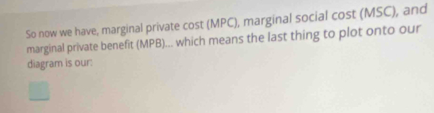 So now we have, marginal private cost (MPC), marginal social cost (MSC), and 
marginal private benefit (MPB)... which means the last thing to plot onto our 
diagram is our: