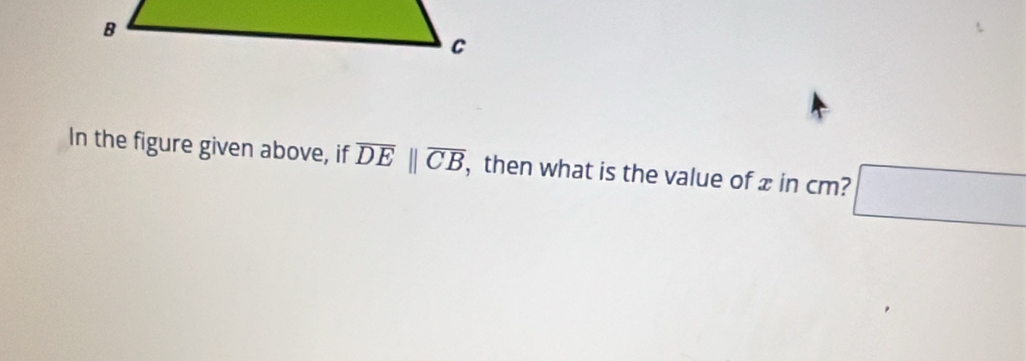 In the figure given above, if overline DEparallel overline CB , then what is the value of x in cm? □