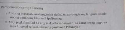 Pamprosesong mga Tanong 
1. Ano ang masasabi mo tungkol sa tipikal na anyo ng isang lungsod-estado 
noong panahong kdasikal? Ipaliwanag. 
2. May pagkakatulad ba ang makikita sa larawan, sa karaniwang tagpo sa 
mga lungsod sa kasalukuyang panahon? Patunayan