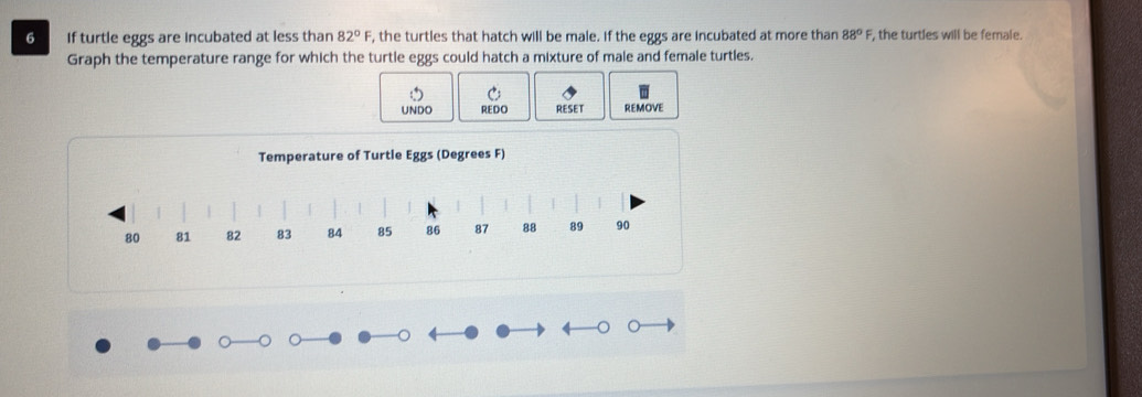 If turtle eggs are incubated at less than F, the turtles that hatch will be male. If the eggs are incubated at more than 82°F 88°F , the turtles will be female. 
Graph the temperature range for which the turtle eggs could hatch a mixture of male and female turtles. 
UNDO REDO RESET REMOVE 
Temperature of Turtle Eggs (Degrees F)