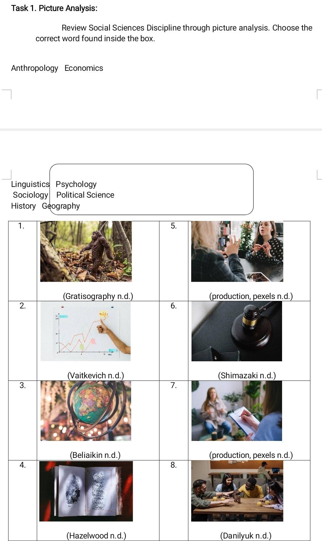 Task 1. Picture Analysis:
Review Social Sciences Discipline through picture analysis. Choose the
correct word found inside the box.
Anthropology Economics
Linguistics Psychology
Sociology Political Science
History Geography
1.
5.
(Gratisography n.d.) (production, pexels n.d.)
2.
6.
(Vaitkevich n.d.) (Shimazaki n.d.)
3.
7.
(Beliaikin n.d.) (production, pexels n.d.)
4.
8.
(Hazelwood n.d.) (Danilyuk n.d.)