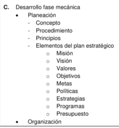 Desarrollo fase mecánica 
Planeación 
Concepto 
Procedimiento 
Principios 
Elementos del plan estratégico 
Misión 
Visión 
Valores 
Objetivos 
Metas 
Políticas 
Estrategias 
Programas 
Presupuesto 
Organización