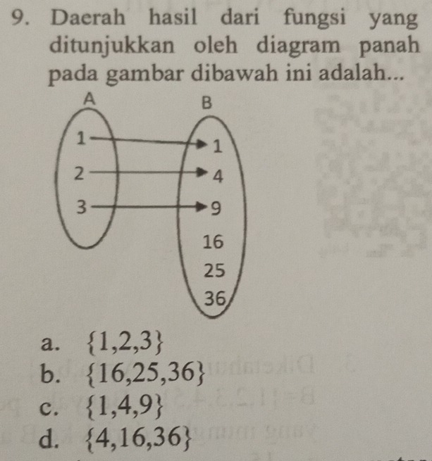 Daerah hasil dari fungsi yang
ditunjukkan oleh diagram panah
pada gambar dibawah ini adalah...
a.  1,2,3
b.  16,25,36
c.  1,4,9
d.  4,16,36