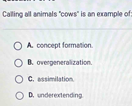 Calling all animals "cows" is an example of:
A. concept formation.
B. overgeneralization.
C. assimilation.
D. underextending.