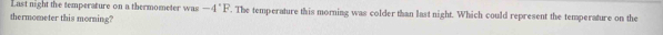 Last night the temperature on a thermometer was -4°F. The temperature this morning was colder than last night. Which could represent the temperature on the 
thermometer this morning?