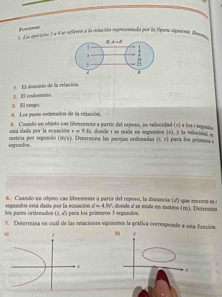 Funciones
Los ejercicios 1 a 4 se refieren a la relación representada por la figura siguiente. Determa
1. El dominio de la relación.
2. El codominio.
3. El rango.
4. Los pares ordenados de la relación.
5. Cuando un objeto cae libremente a partir del reposo, su velocidad (v) a los 1 segundos
está dada por la ecuación v=9.8t , donde t se mide en segundos (s). y la velocidad, c
metros por segundo (m/s). Determina las parejas ordenadas (t,v) para los primeros 4
segundos.
6. Cuando un objeto cae libremente a partir del reposo, la distancia (d) que recorre en 
segundos está dada por la ecuación d=4.9t^2 , donde a se mide en metros (m). Determina
los pares ordenados (l,d) para los primeros 3 segundos.
7. Determina en cuál de las relaciones siguientes la gráfica corresponde a una función.
a)
b) y
x