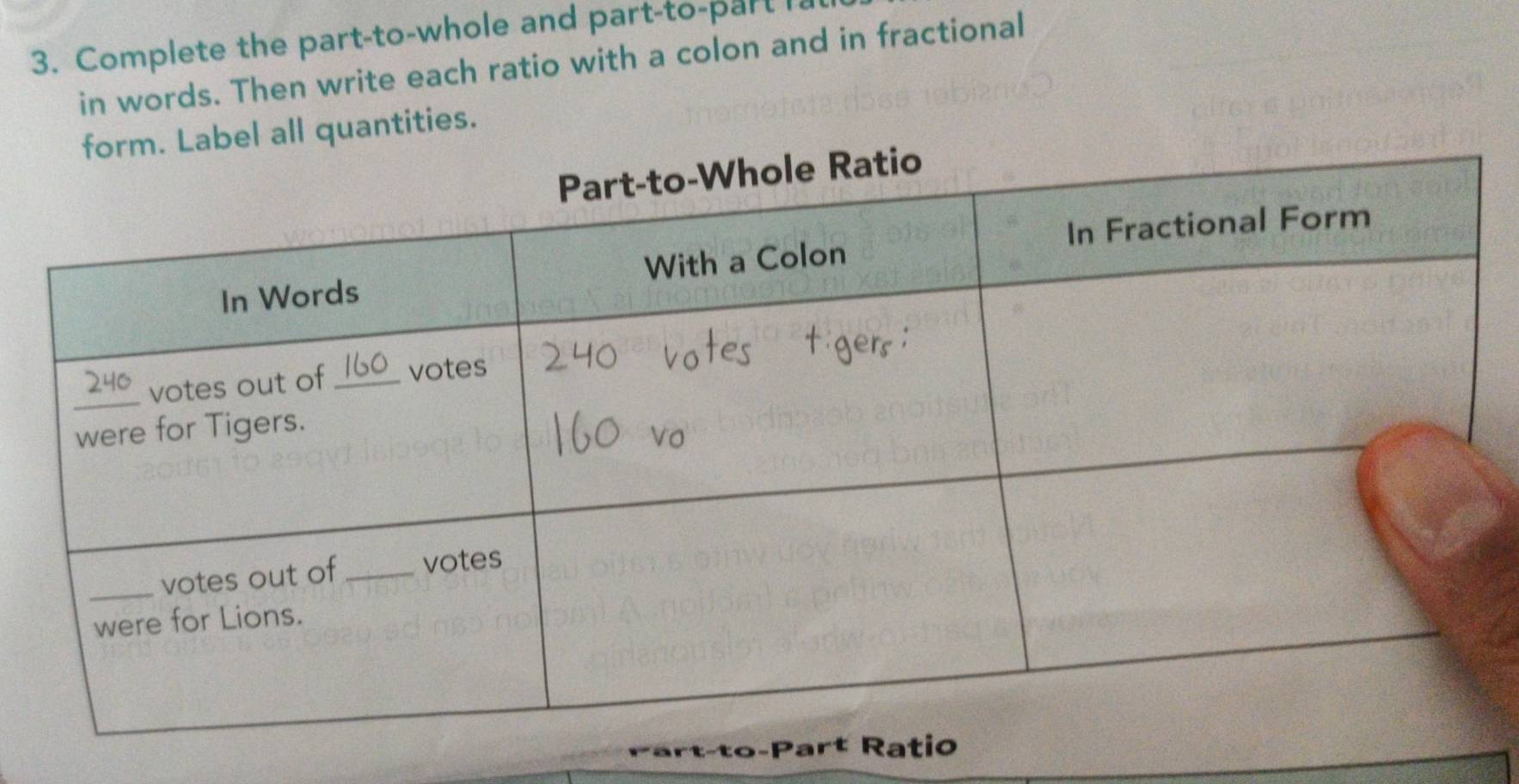 Complete the part-to-whole and part-to-part l. 
in words. Then write each ratio with a colon and in fractional 
bel all quantities.