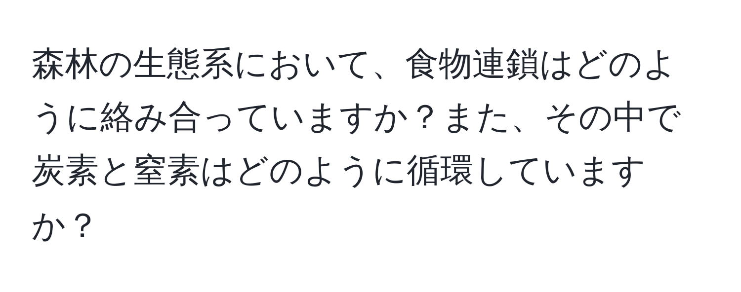 森林の生態系において、食物連鎖はどのように絡み合っていますか？また、その中で炭素と窒素はどのように循環していますか？