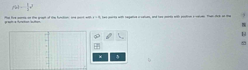 f(x)=- 1/2 x^2
Plot five points on the graph of the function: one point with x=0 l, two points with negative x -values, and two points with positive x -values. Then click on the 7
graph-a-function button. 
× 5