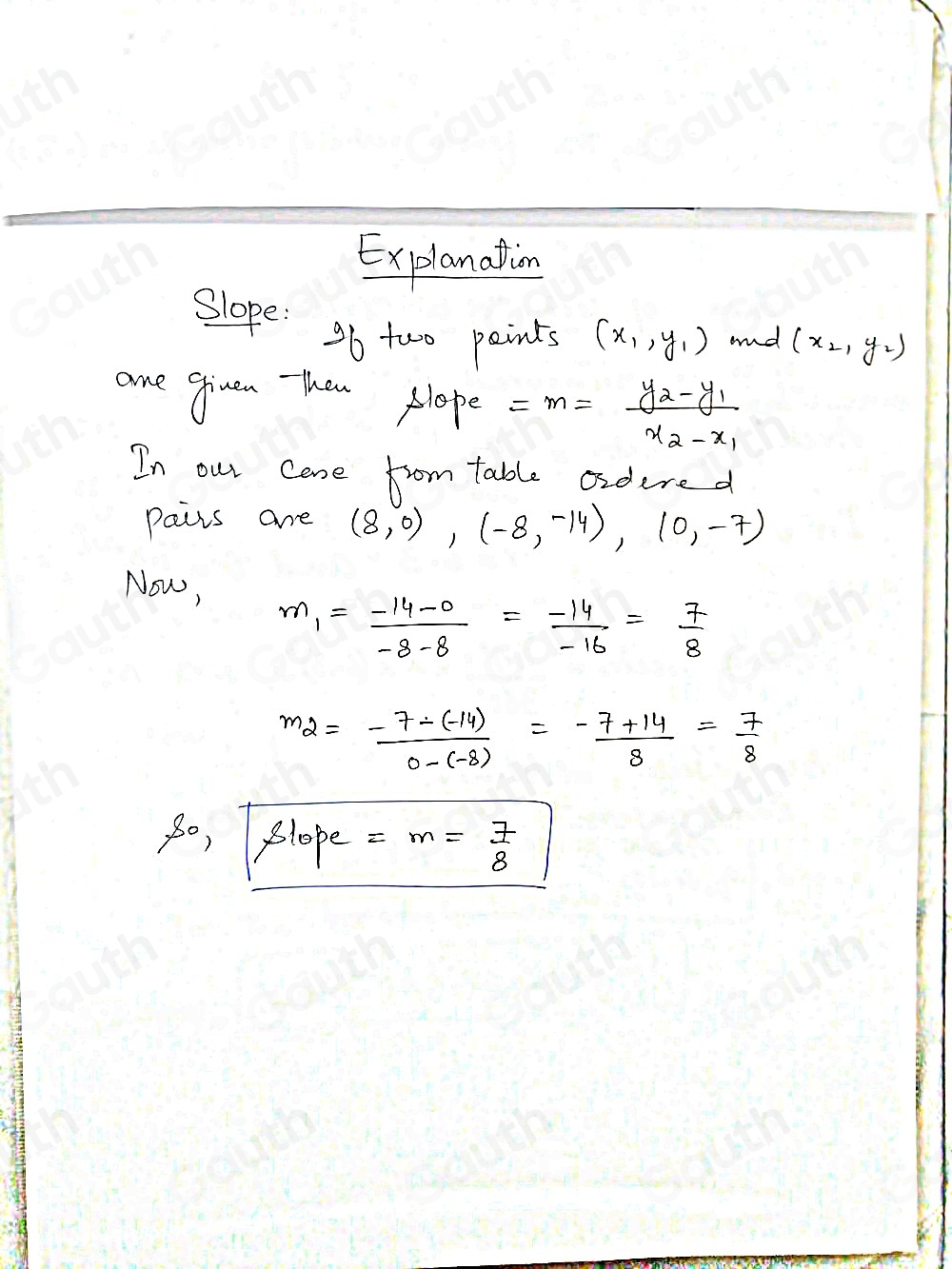  3to /N = D^3/n 
Explanation 
Slope: 
9b two paints (x_1,y_1) and (x_2,y_2)
are guen Then Hlope = m=frac y_2-y_1x_2-x_1
In our cone from table oidured 
pairs are (8,0), (-8,-14), (0,-7)
Now,
m_1= (-14-0)/-8-8 = (-14)/-16 = 7/8 
m_2= (-7-(-14))/0-(-8) = (-7+14)/8 = 7/8 
go, plope =m= 7/8 