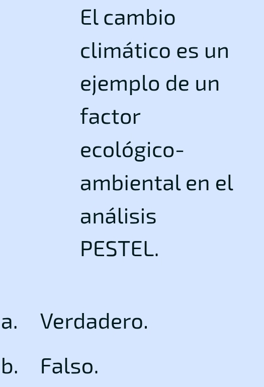 El cambio
climático es un
ejemplo de un
factor
ecológico-
ambiental en el
análisis
PESTEL.
a. Verdadero.
b. Falso.