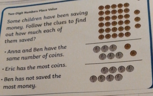 Two-Digit Numbers Place Value 
Some children have been saving 
money. Follow the clues to find 
out how much each of 
them saved? 
• Anna and Ben have the 
same number of coins. 
Eric has the most coins. 
Ben has not saved the 
most money.