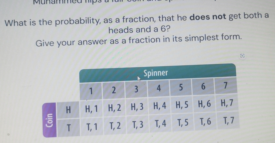 Munammed hips 
What is the probability, as a fraction, that he does not get both a 
heads and a 6? 
Give your answer as a fraction in its simplest form.