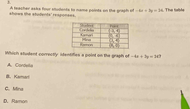 A teacher asks four students to name points on the graph of -4x+3y=24. The table
shows the students' responses.
Which student correctly identifies a point on the graph of -4x+3y=24 ?
A. Cordelia
B. Kamari
C. Mina
D. Ramon