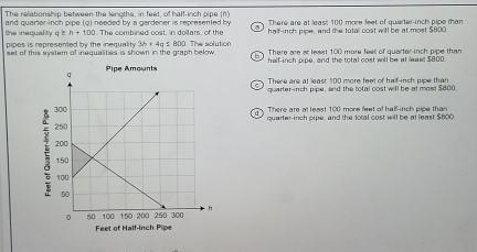 The relationship between the lengths, in feet, of half-inch pipe (n)
and quarter inch pipe (q) needed by a gardener is represented by half-inch pipe, and the totall cost will be at most $800
the inequality q≥ h+100 The combined cost, in dollars, of the There are at leas: 100 more feet of quarter-inch pipe than
pipes is represented by the inequality 36 + 4q 5 800. The solution There are at least 100 more feet of quarter-inch pipe than
set of this system of inequalities is shown in the graph bełow helf-inch pipe, and the total cost will be at leas! $800 . 
There are at least 100 more feet of half-inch pipe than
quarter-inch pipe, and the total cost will be at most $800
There are at least 100 more feet of half-inch pipe than
quarter-inch pipe, and the total cost will be at least $800