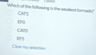 Which of the following is the weakest tornado?
CATS
EF0
CATO
EF5
Clear my selection