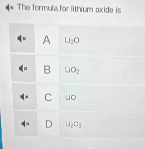 × The formula for lithium oxide is