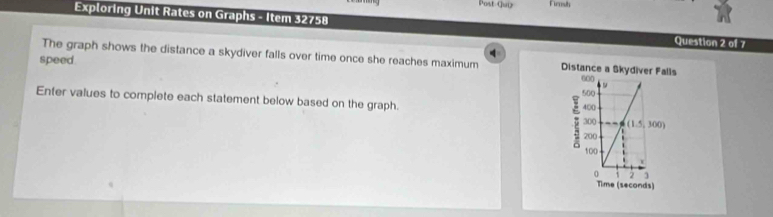 Post Qui>
Exploring Unit Rates on Graphs - Item 32758 Question 2 of 7
The graph shows the distance a skydiver falls over time once she reaches maximum 
speed
Enter values to complete each statement below based on the graph.