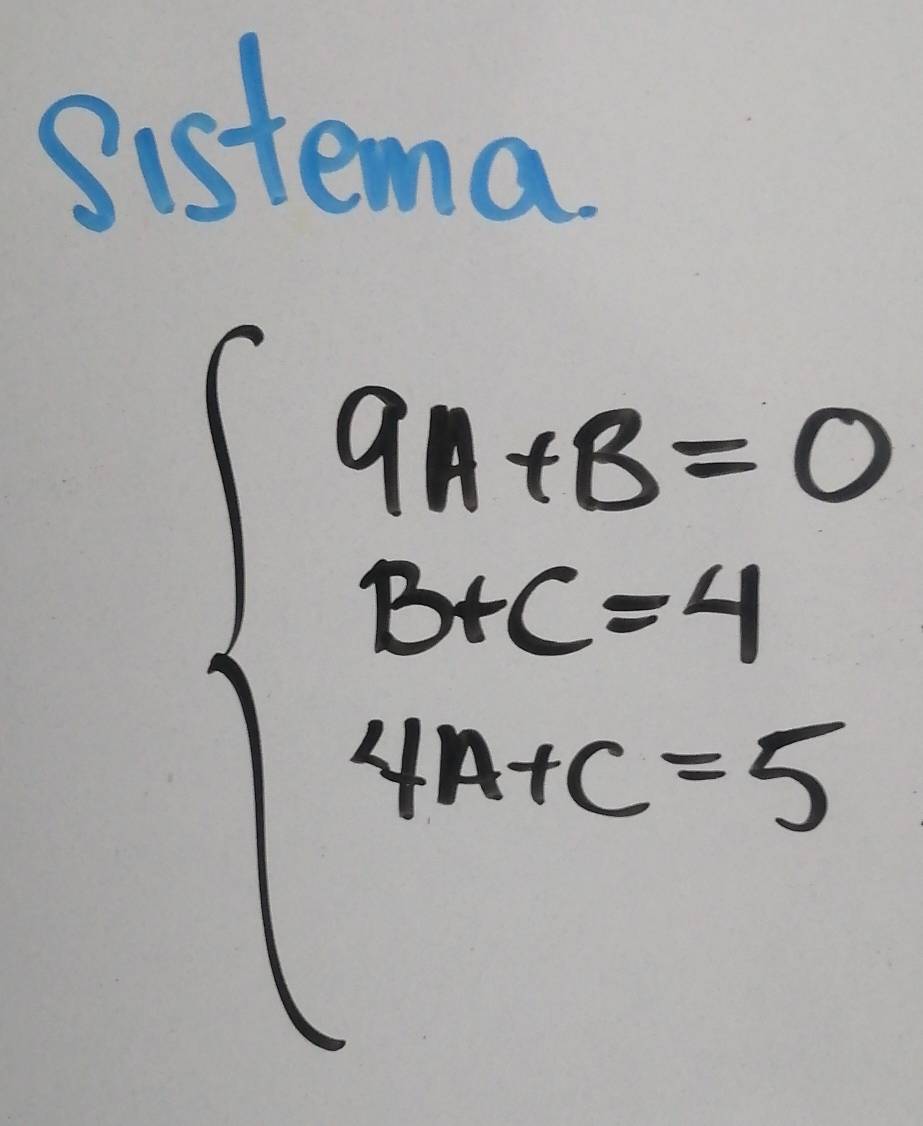 sistema
beginarrayl 4x+8=0 8xc=4 4A+c=-5endarray.