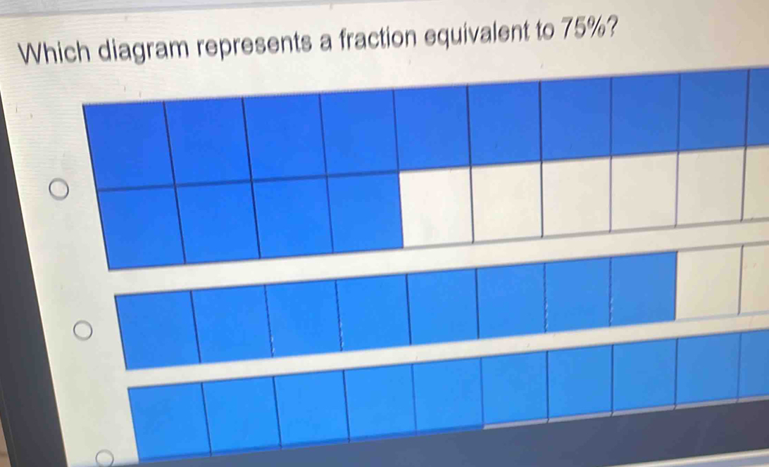 Solved: Which diagram represents a fraction equivalent to 75%? [Math]