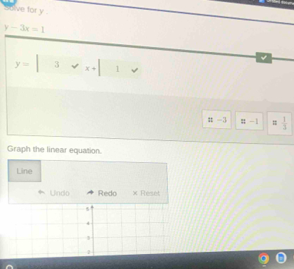 Solve for y.
y-3x=1
y=|3forall x+|1vee
√
::-3 ::- :;  1/3 
Graph the linear equation. 
Line 
Undo Redo × Reset