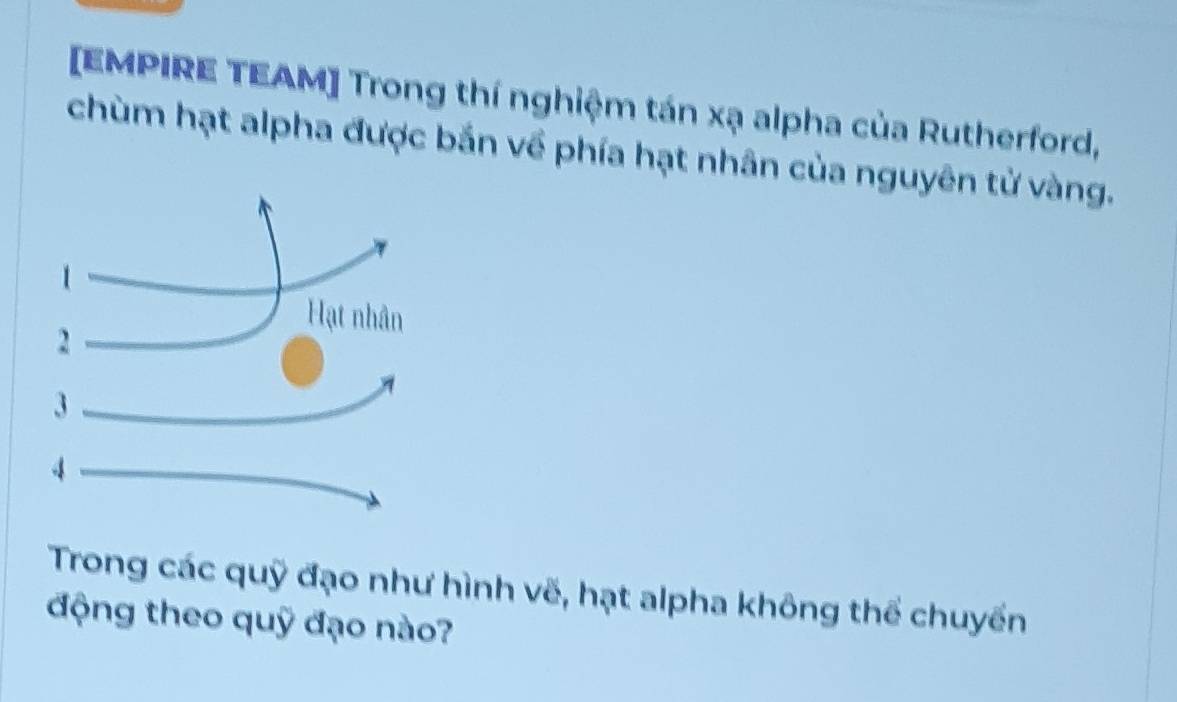 [EMPIRE TEAM] Trong thí nghiệm tán xạ alpha của Rutherford, 
chùm hạt alpha được bắn về phía hạt nhân của nguyên tử vàng. 
Trong các quỹ đạo như hình vẽ, hạt alpha không thể chuyển 
động theo quỹ đạo nào?