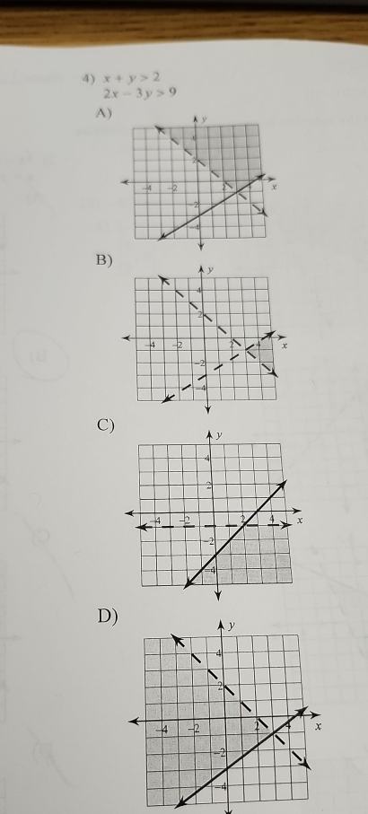 x+y>2
2x-3y>9
A)
B) 
C)
D)