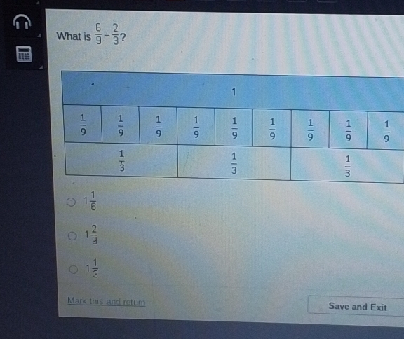 What is  8/9 + 2/3  ?
1 1/6 
1 2/9 
1 1/3 
Mark this and return Save and Exit