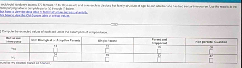 sociologist randomly selects 379 females 15 to 19 years old and asks each to disclose her family structure at age 14 and whether she has had sexual intercourse. Use the results in the 
ccompanying table to complete parts (a) through (f) below. 
lick here to view the data table of family structure and sexual activity. 
lick here to view the Chi-Square table of critical values. 
) Compute the expected values of each cell under the assumption of independence. 
o