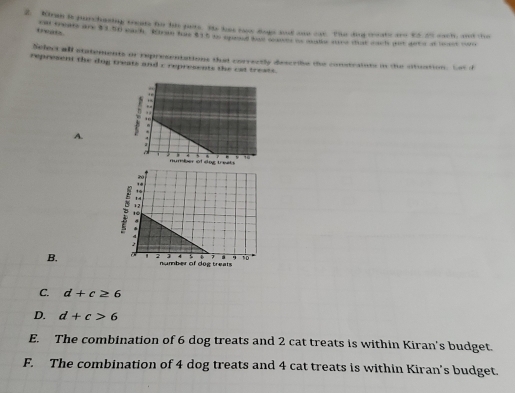 Miran is purchesing treats fo his pats. Hts has tow doge ad suo eat. The dog teeate aro E5 25 each, and the
treats.
Deanens are $3.50 each faran has $35 to sqused hl deah as watr aee that each put det o at least cor
Select all statements or representations that correctly describe the consteaints in the atuation. Lt f
represent the dog treats and c represents the cst treats.
A.
B.
C. d+c≥ 6
D. d+c>6
E. The combination of 6 dog treats and 2 cat treats is within Kiran's budget.
F. The combination of 4 dog treats and 4 cat treats is within Kiran’s budget.