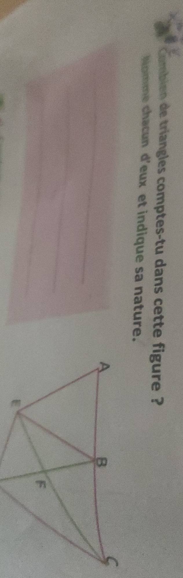 combien de triangles comptes-tu dans cette figure ? 
Nomme chacun d'eux et indique sa nature. 
_ 
_ 
_