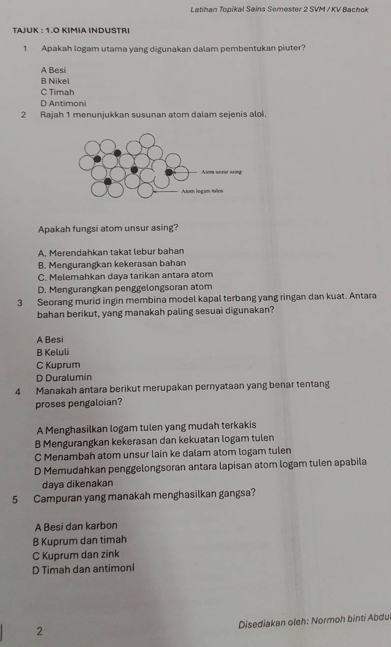 Latihan Topikal Sains Semester 2 SVM / KV Bachok
TAJUK : 1.O KIMIA INDUSTRI
1 Apakah logam utama yang digunakan dalam pembentukan piuter?
A Besi
B Nikel
C Timah
D Antimoni
2 Rajah 1 menunjukkan susunan atom dalam sejenis aloi.
Apakah fungsi atom unsur asing?
A. Merendahkan takat lebur bahan
B. Mengurangkan kekerasan bahan
C. Melemahkan daya tarikan antara atom
D. Mengurangkan penggelongsoran atom
3 Seorang murid ingin membina model kapal terbang yang ringan dan kuat. Antara
bahan berikut, yang manakah paling sesuai digunakan?
A Besi
B Keluli
C Kuprum
D Duralumin
4 Manakah antara berikut merupakan pernyataan yang benar tentang
proses pengaloian?
A Menghasilkan logam tulen yang mudah terkakis
B Mengurangkan kekerasan dan kekuatan logam tulen
C Menambah atom unsur lain ke dalam atom logam tulen
D Memudahkan penggelongsoran antara lapisan atom logam tulen apabila
daya dikenakan
5 Campuran yang manakah menghasilkan gangsa?
A Besi dan karbon
B Kuprum dan timah
C Kuprum dan zink
D Timah dan antimonI
Disediakan oleh: Normoh binti Abdu
2