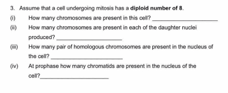 Assume that a cell undergoing mitosis has a diploid number of 8. 
(i) How many chromosomes are present in this cell?_ 
(ii) How many chromosomes are present in each of the daughter nuclei 
produced?_ 
(iii) How many pair of homologous chromosomes are present in the nucleus of 
the cell?_ 
(iv) At prophase how many chromatids are present in the nucleus of the 
cell?_