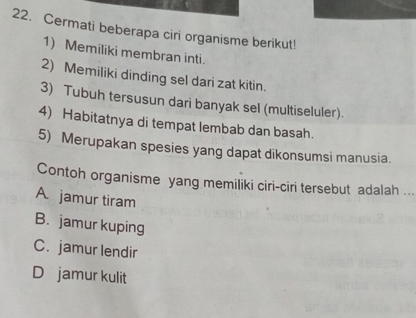 Cermati beberapa ciri organisme berikut!
1) Memiliki membran inti.
2) Memiliki dinding sel dari zat kitin.
3) Tubuh tersusun dari banyak sel (multiseluler).
4) Habitatnya di tempat lembab dan basah.
5) Merupakan spesies yang dapat dikonsumsi manusia.
Contoh organisme yang memiliki ciri-ciri tersebut adalah ...
A. jamur tiram
B. jamur kuping
C. jamur lendir
D jamur kulit