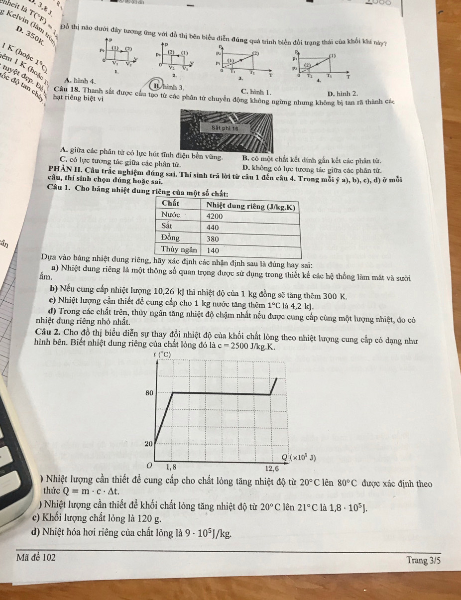 3,8 J
3 Kelvin (làm trị nheit là T(^circ )
D. 350K
Đồ thị nào dưới đây tương ứng với đồ thị bên biểu diễn đúng quá trình biến đổi trạng thái của khối khí này?
Po (1) (2)
(2) (1) P (1)
êm 1 K (hoặc 1 K (hoặc 1^0C a
P
P2 (2)
Vì V V 
1.
2.
0 T2 Ti T
4.
A. hình 4. B hình 3. C. hình 1.
tuyệt đẹp. Đị Câu 18. Thanh sắt được cấu tạo từ các phân tử chuyền động không ngừng nhưng không bị tan rã thành các
ốc độ tan chả hạt riêng biệt vì
D. hình 2.
Sắt phi 16
A. giữa các phân tử có lực hút tĩnh điện bền vững. B. có một chất kết dính gắn kết các phân tử.
C. có lực tương tác giữa các phân tử. D. không có lực tương tác giữa các phân tử.
PHÀN II. Câu trắc nghiệm đúng sai. Thí sinh trả lời từ câu 1 đến câu 4. Trong mỗi ý a), b), c), d) ở mỗi
câu, thí sinh chọn đúng hoặc sai.
Câu 1. Cho bảng nhiệt dung riêng của một số chất:
ân 
Dựa vào bảng nhiệt dung riêãy xác định các nhận định sau là đúng hay sai:
a) Nhiệt dung riêng là một thông số quan trọng được sử dụng trong thiết kế các hệ thống làm mát và sưởi
ấm.
b) Nếu cung cấp nhiệt lượng 10,26 kJ thì nhiệt độ của 1 kg đồng sẽ tăng thêm 300 K.
c) Nhiệt lượng cần thiết để cung cấp cho 1 kg nước tăng thêm 1°C là 4,2k
d) Trong các chất trên, thủy ngân tăng nhiệt độ chậm nhất nếu được cung cấp cùng một lượng nhiệt, do có
nhiệt dung riêng nhỏ nhất.
Câu 2. Cho đồ thị biểu diễn sự thay đổi nhiệt độ của khối chất lỏng theo nhiệt lượng cung cấp có dạng như
hình bên. Biết nhiệt dung riêng của chất lỏng đó là c=2500 J/kg K.
) Nhiệt lượng cần thiết để cung cấp cho chất lỏng tăng nhiệt độ từ 20°C lên 80°C được xác định theo
thức Q=m· c· △ t.
) Nhiệt lượng cần thiết để khối chất lỏng tăng nhiệt độ từ 20°C lên 21°C là 1,8· 10^5J.
c) Khối lượng chất lỏng là 120 g.
d) Nhiệt hóa hơi riêng của chất lỏng là 9· 10^5J/kg.
Mã đề 102 Trang 3/5