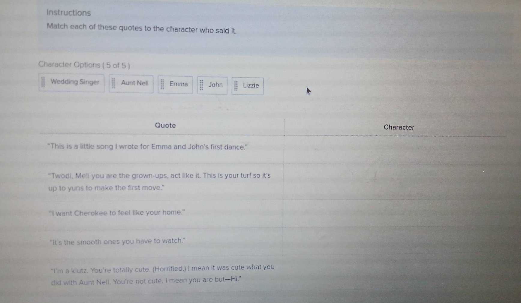 Instructions 
Match each of these quotes to the character who said it. 
Character Options ( 5 of 5 ) 
Wedding Singer Aunt Nell  11/11  Emma beginarrayr 11 11 11 11 11endarray John beginarrayr :: :: ::endarray Lizzie