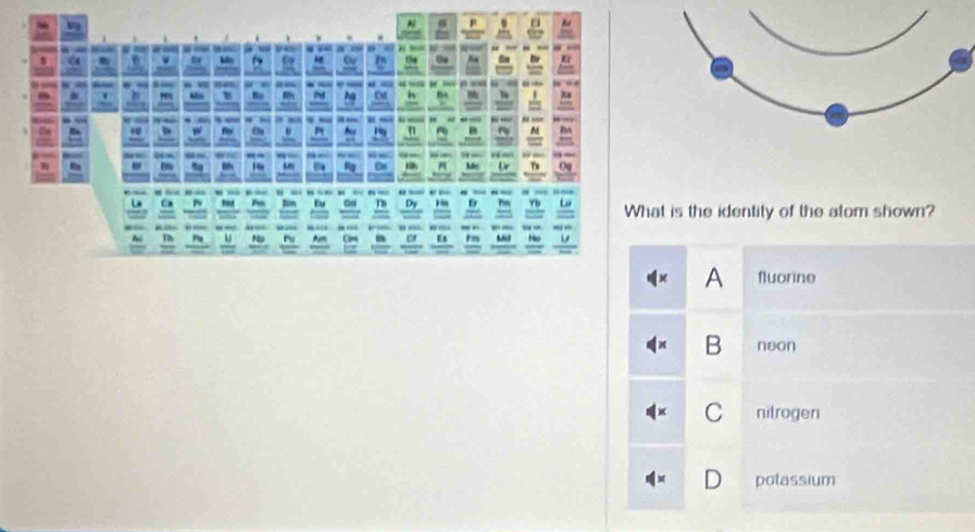 a
“ ”

a w " H o De 04 Sa - _ . 
he
= =
”e . “ ” - “ 
' b ue
0 h 
- =
- , . . . “ ' “ . - - - - - .
w "
u - M m
= =
“- -- “ - --  - - 
M
. 5o 0 Dr o
-- --- --- --- -----
Lê Ca ~ Bn t Dy - D - - . - - _
w
= = , = = What is the identity of the atom shown?
- - -- “ “ - -
Th ~ u Hip ~ Am o m - - - - -- -_ --
of Es Md Ho
=
=,
A fluorine
B neon
C nilrogen
D potassium
