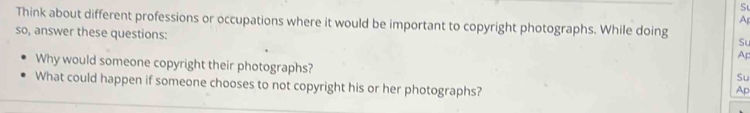 Ap 
Think about different professions or occupations where it would be important to copyright photographs. While doing Su 
so, answer these questions: Ap 
Why would someone copyright their photographs? 
Su 
What could happen if someone chooses to not copyright his or her photographs? 
Ap