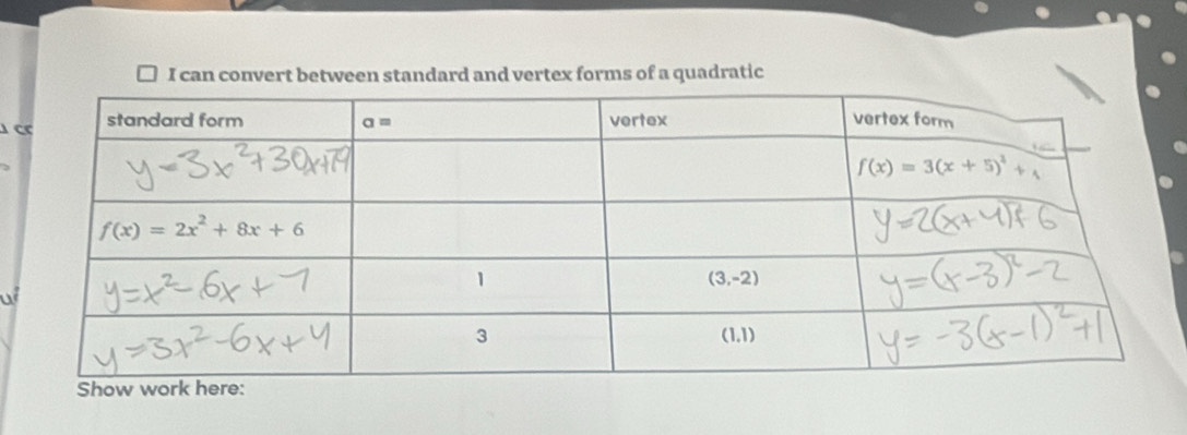 can convert between standard and vertex forms of a quadratic