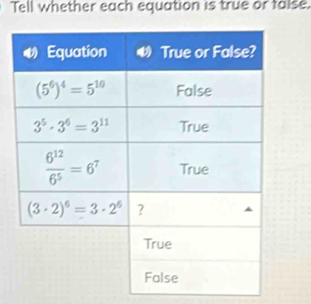 Tell whether each equation is true or false.