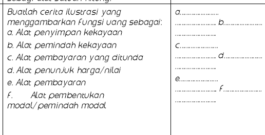 Buatlah cerita ilustrasi yang a._ 
menggambarkan fungsi vang sebagai. _b._ 
a. Alat penyimpan kekayaan 
_ 
b. Alat pemindah kekayaan C._ 
c. Alat pembayaran yang ditunda_ 
d._ 
d. Alat penunjuk harga/nilai 
_ 
e. Alat pembayaran 
_ 
_F_ 
F. Alat pembentukan 
modal/pemindah modal 
_