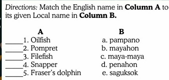 Solved: Directions: Match the English name in Column A to its given ...