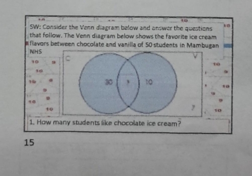 SW: Consider the Venn diagram below and answer the questions 
that follow. The Venn diagram below shows the favorite ice cream 
flavors between chocolate and vanilla of 50 students in Mambugan 
NHS
10 9 C 
to
10
9
1
30 , 10
10
1
10
10
7 10
1. How many students like chocolate ice cream?
15