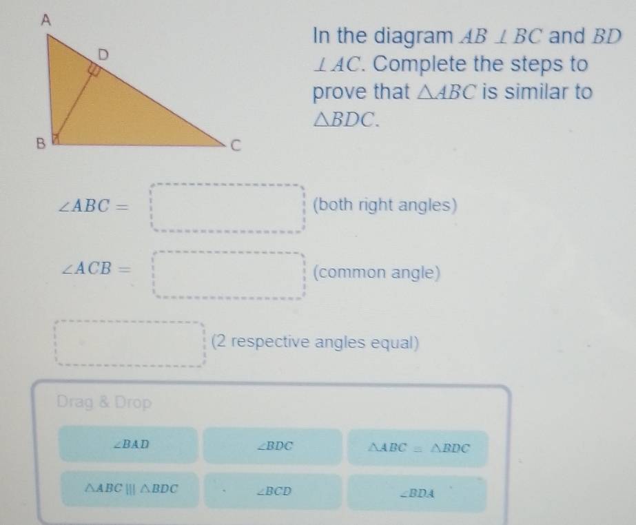 In the diagram AB⊥ BC and BD
⊥ AC. Complete the steps to 
prove that △ ABC is similar to
△ BDC.
∠ ABC=□ (both right angles)
∠ ACB=□ (common angle) 
□ (2 respective angles equal) 
Drag & Drop
∠ BAD
∠ BDC
△ ABC≌ △ BDC
△ ABC|||△ BDC
∠ BCD
∠ BDA