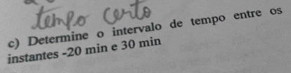 Determine o intervalo de tempo entre os 
instantes -20 min e 30 min