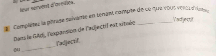 > 
leur servent d'oreilles. 
Complétez la phrase suivante en tenant compte de ce que vous venez d'obseer 
l’adjectif 
Dans le GAdj, l'expansion de l'adjectif est située 
ou _l'adjectif.