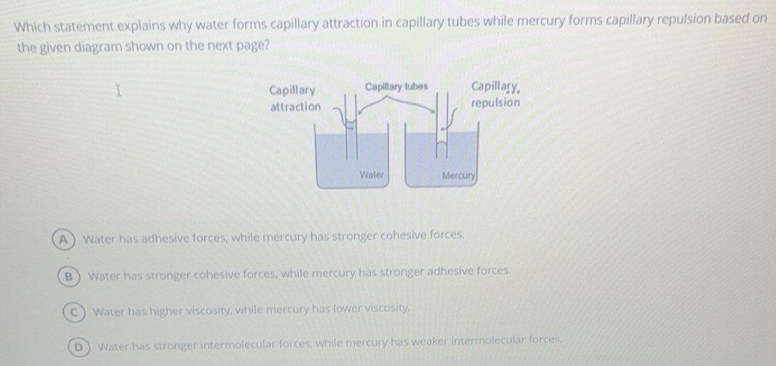 Solved: Which statement explains why water forms capillary attraction ...