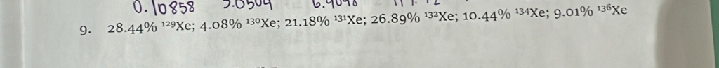 4% ¹Xe; 4.08% ¹3ºXe; 21.18% ¹³¹Xe; 26.89% ¹³Xe; 1 0 . 44º